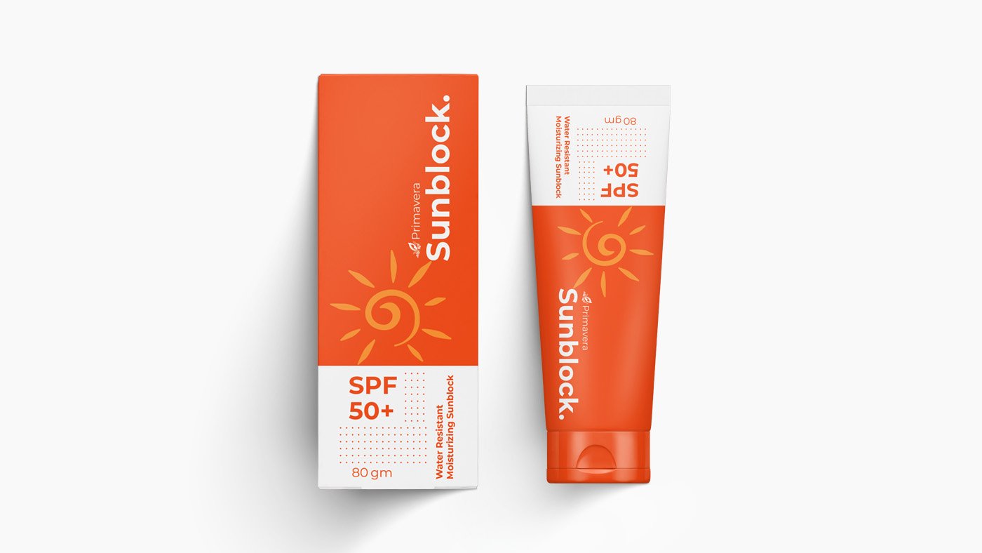 sunblock label design on a box and a cream tube 
